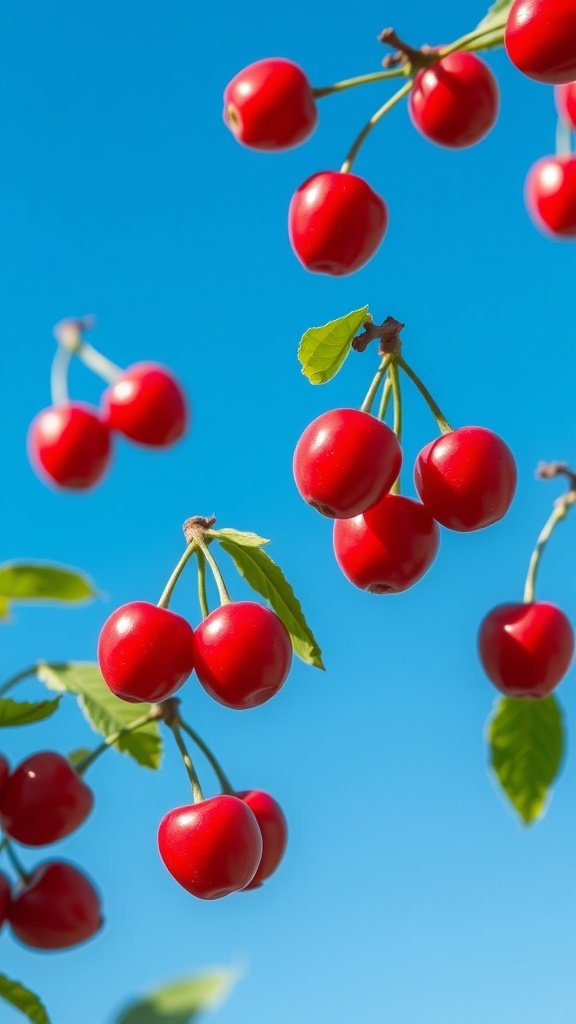 Red cherries hanging against a clear blue sky
