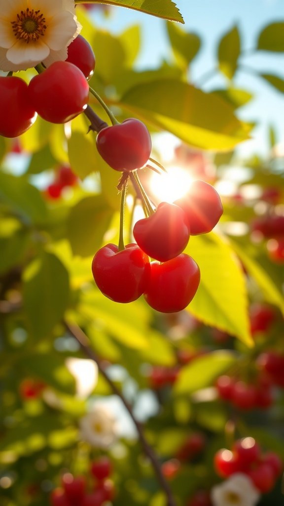 Close-up of red cherries on a branch with sunlight shining through leaves