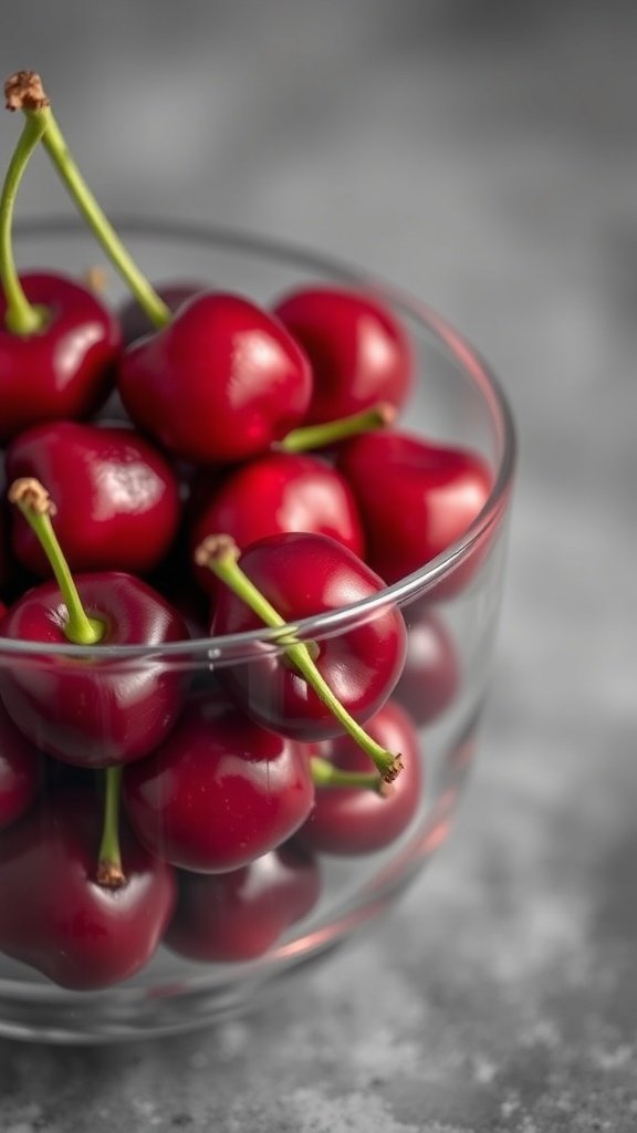 A glass bowl filled with fresh, shiny cherries on a gray background.