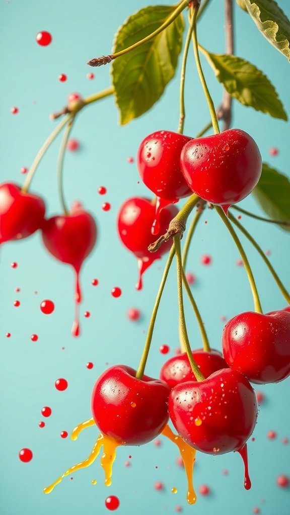 Close-up of vibrant red cherries with splashes of color against a blue background.