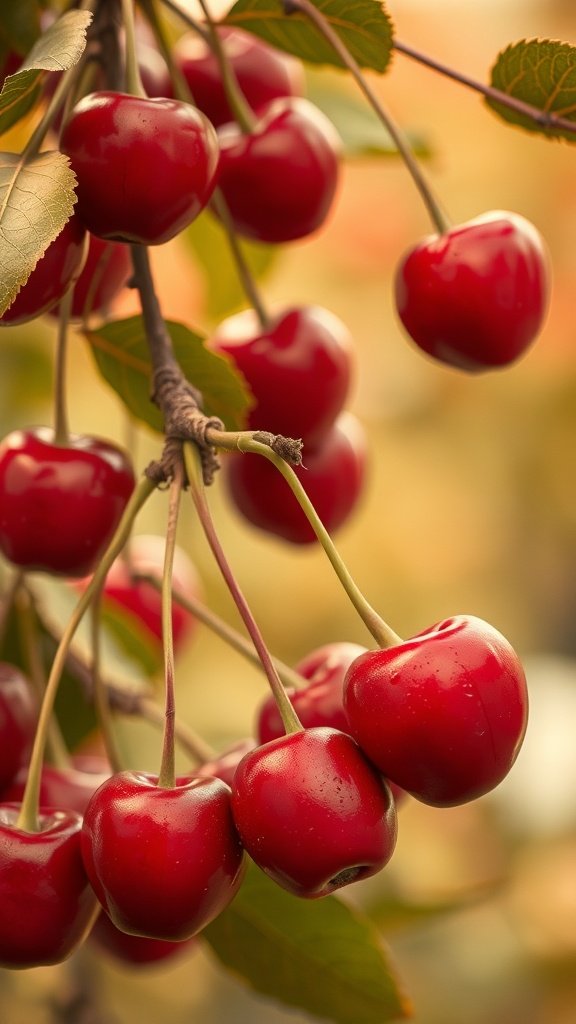 A close-up of red cherries on a branch with green leaves, enhanced by a vintage filter.