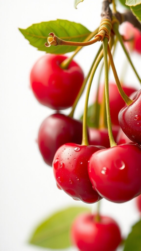 A close-up of ripe cherries with water drops on them, showcasing their vibrant red color and green leaves.