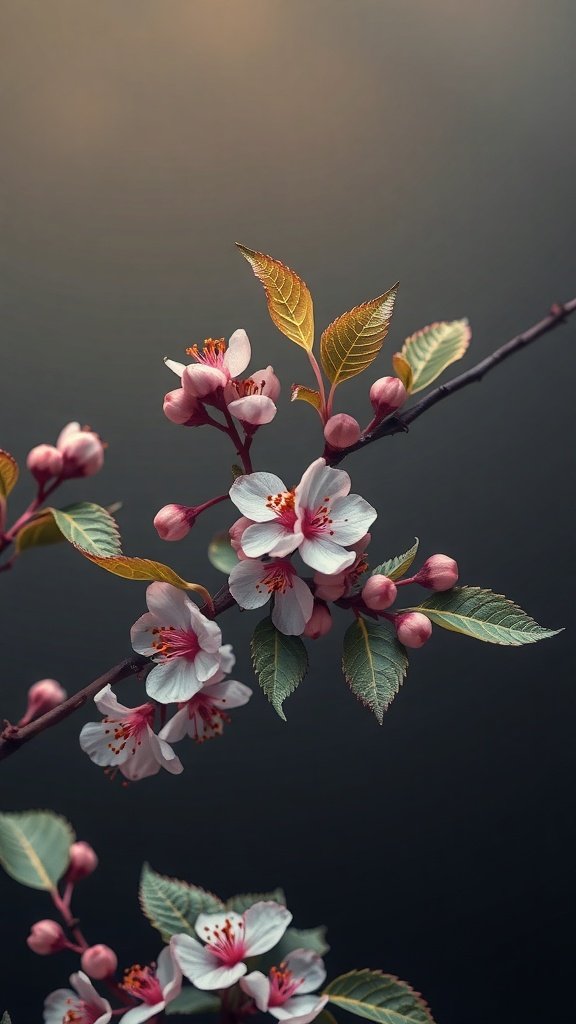 A close-up of cherry blossoms and leaves on a branch.