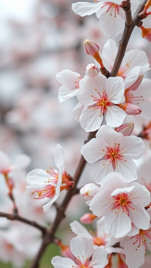Close-up of cherry blossom flowers with soft pink and white petals