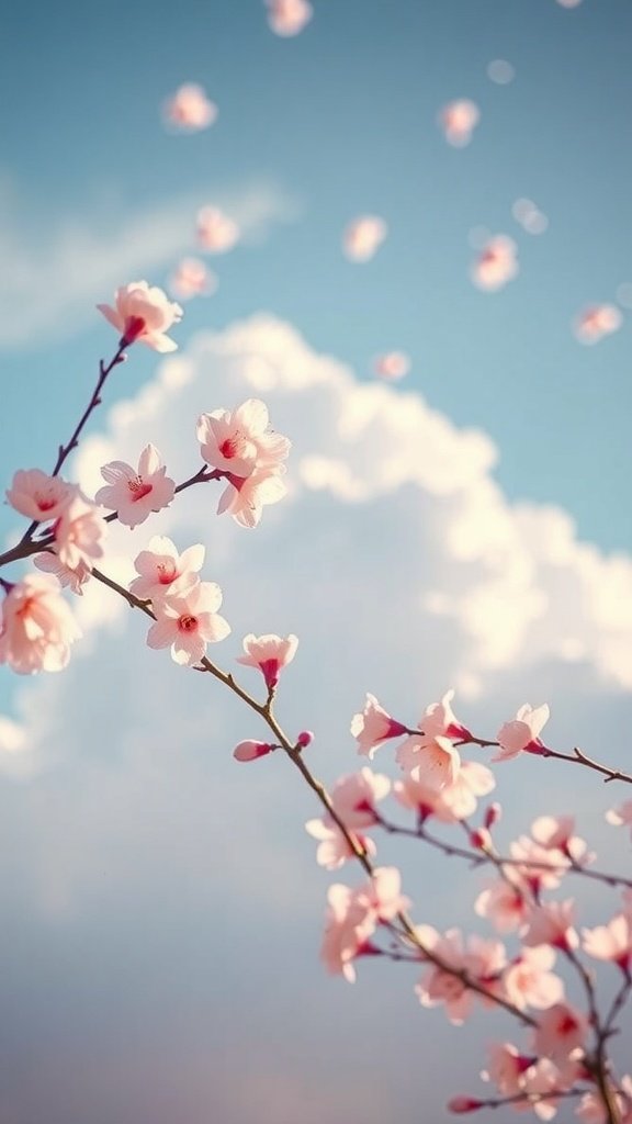 A branch of cherry blossoms against a blue sky with fluffy clouds.