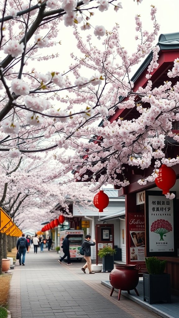 A street lined with cherry blossom trees and red lanterns, capturing the essence of a Cherry Blossom Festival.