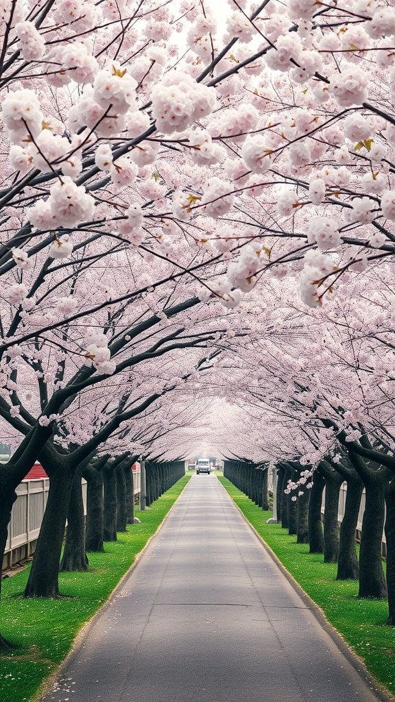 A pathway lined with cherry blossom trees in full bloom, creating a beautiful pink canopy over a road.
