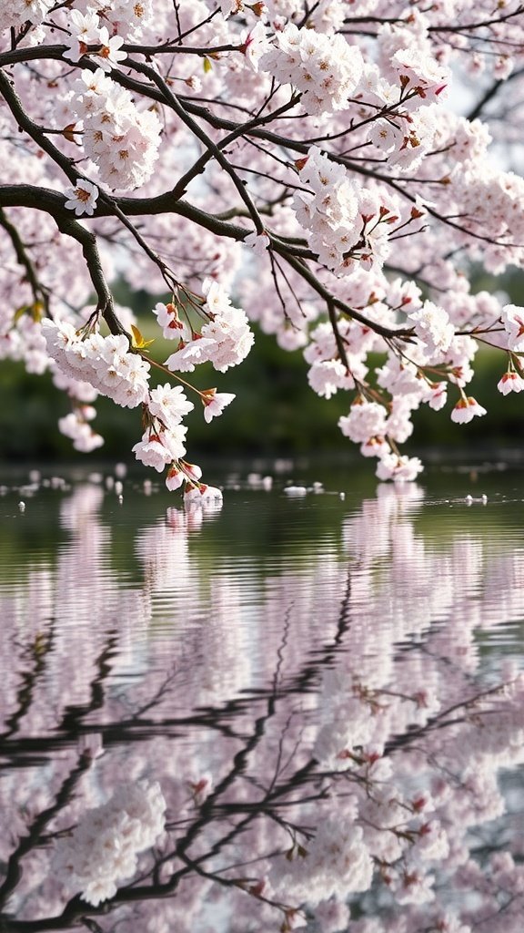 Cherry blossoms reflecting on calm water