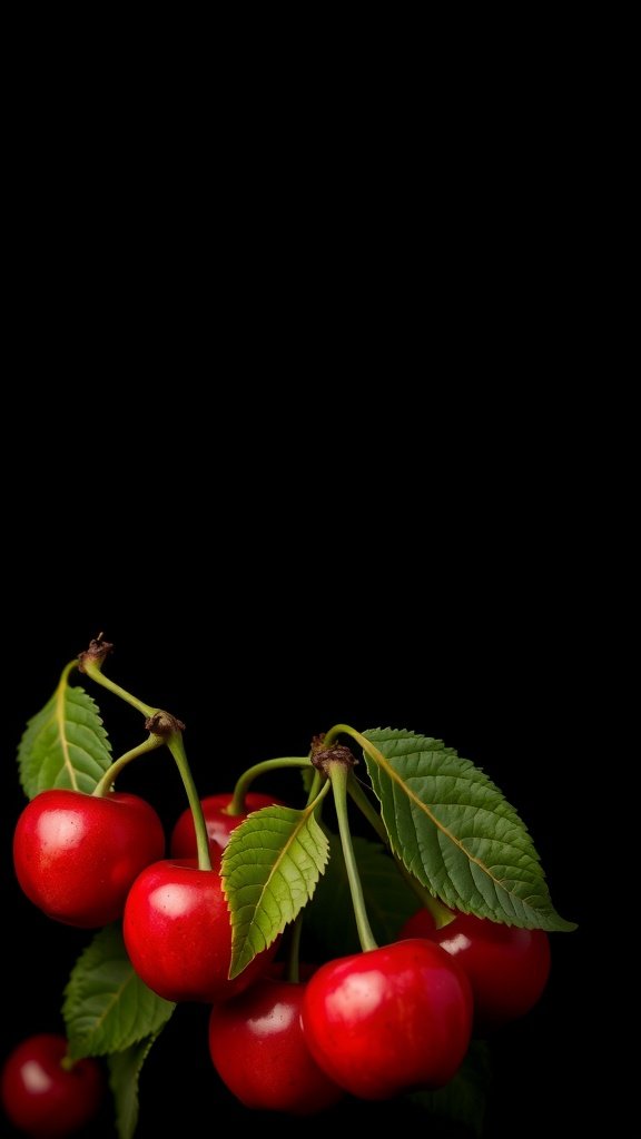 A cluster of red cherries with green leaves on a dark background.