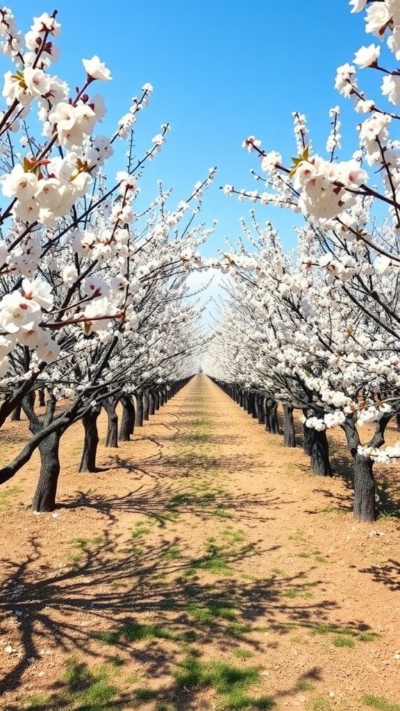 A cherry orchard in full bloom with white flowers and a blue sky.