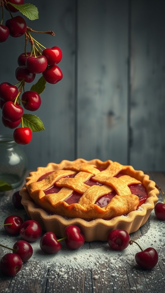 A freshly baked cherry pie with a lattice crust, surrounded by fresh cherries on a wooden table.