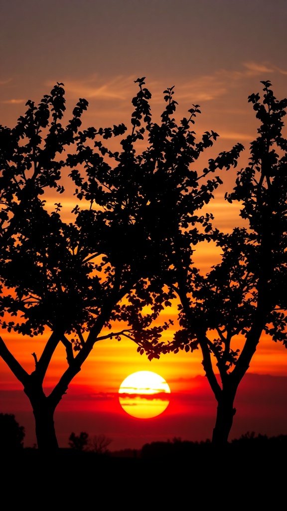 Silhouettes of cherry trees against a vibrant sunset sky