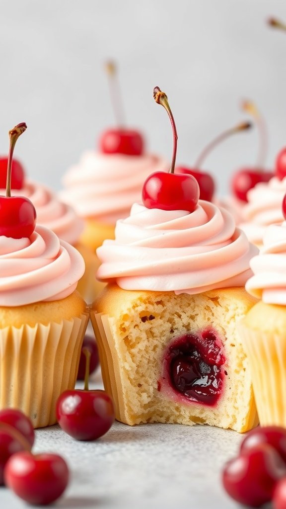 Cherry Vanilla Gender Reveal Cupcakes with pink frosting and cherries on top