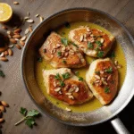 A stainless steel skillet filled with four golden-brown seared chicken breasts in a butter-almond sauce, topped with toasted almonds, fresh parsley, and lemon wedges, on a rustic wooden surface, enhanced by natural light and dramatic shadows.