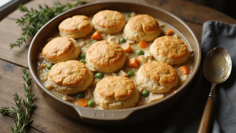 A golden-brown chicken and biscuit casserole in a rustic ceramic dish, featuring flaky biscuits, creamy filling, roasted chicken, carrots, peas, and celery, garnished with thyme on a weathered wooden surface, with steam rising and dramatic natural lighting.