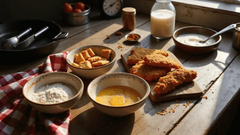 Overhead view of a rustic farmhouse kitchen breading station featuring three ceramic bowls of seasoned flour, whisked eggs, and crushed saltine crackers, with seasoned cube steak strips, scattered spices, and a cast iron skillet, illuminated by dramatic side lighting.