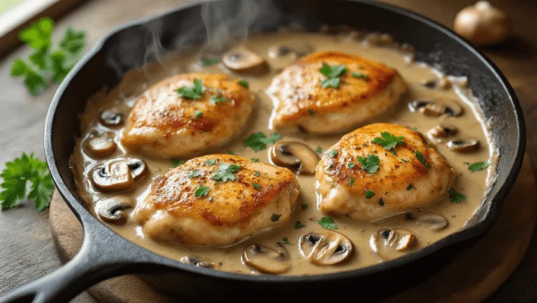 Photorealistic overhead shot of a rustic cast-iron skillet with golden-brown chicken breasts in a creamy mushroom sauce, garnished with parsley, on a dark wooden surface with dramatic lighting and steam wisps.