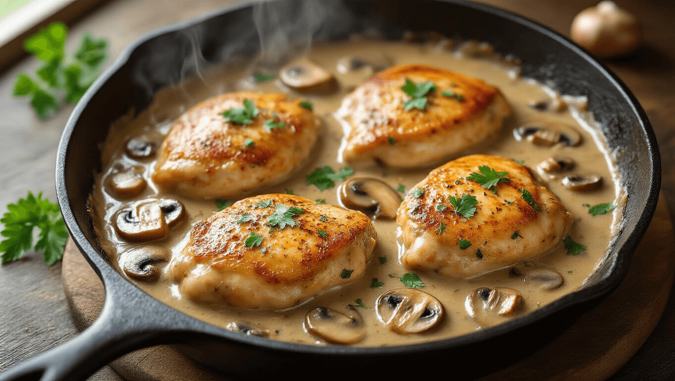 Photorealistic overhead shot of a rustic cast-iron skillet with golden-brown chicken breasts in a creamy mushroom sauce, garnished with parsley, on a dark wooden surface with dramatic lighting and steam wisps.