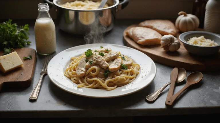 Cinematic overhead shot of a rustic kitchen scene showcasing a steaming plate of fettuccine alfredo with golden-seared chicken, garnished with parsley and parmesan, surrounded by cooking ingredients on a dark wooden cutting board and marble countertop, captured in warm, moody lighting.