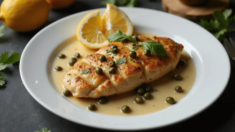 Photorealistic overhead shot of golden-brown chicken piccata on a white plate, topped with lemon-butter sauce, bright green capers, and parsley, with lemon wedges and a dark moody background.