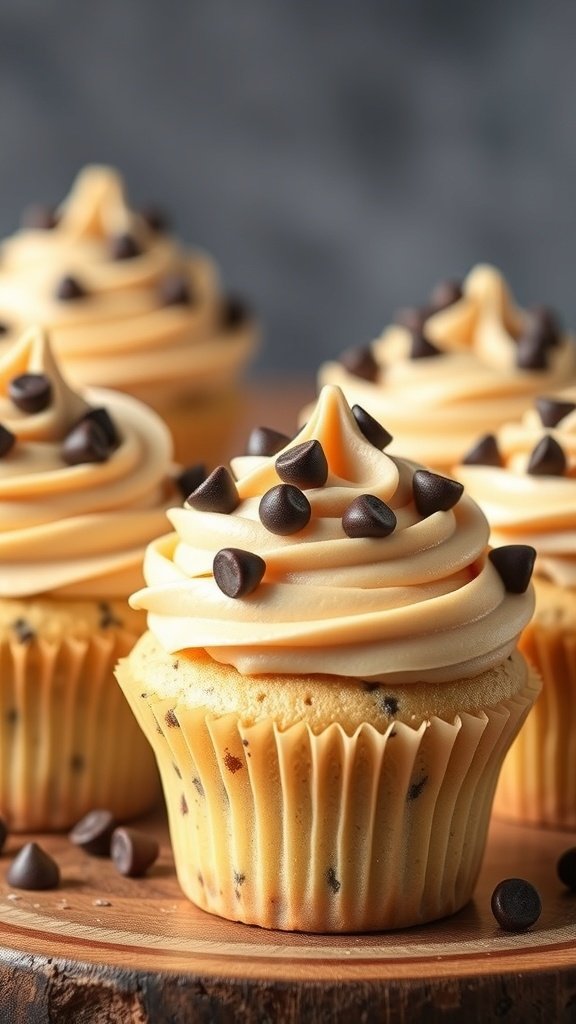 Delicious chocolate chip cookie dough cupcakes with creamy frosting and chocolate chip toppings.