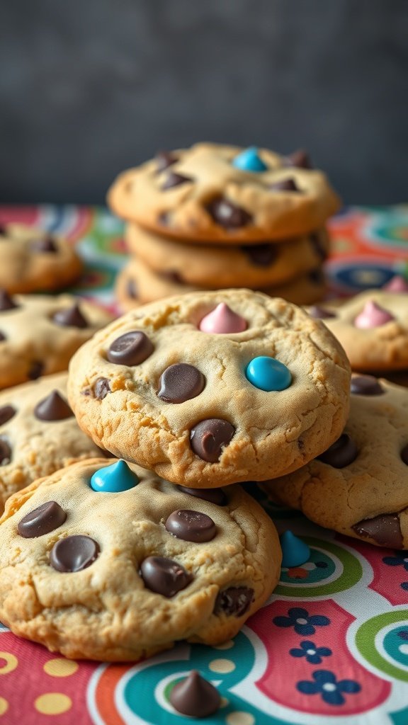 Colorful chocolate chip cookies with blue and pink candies on a vibrant background.