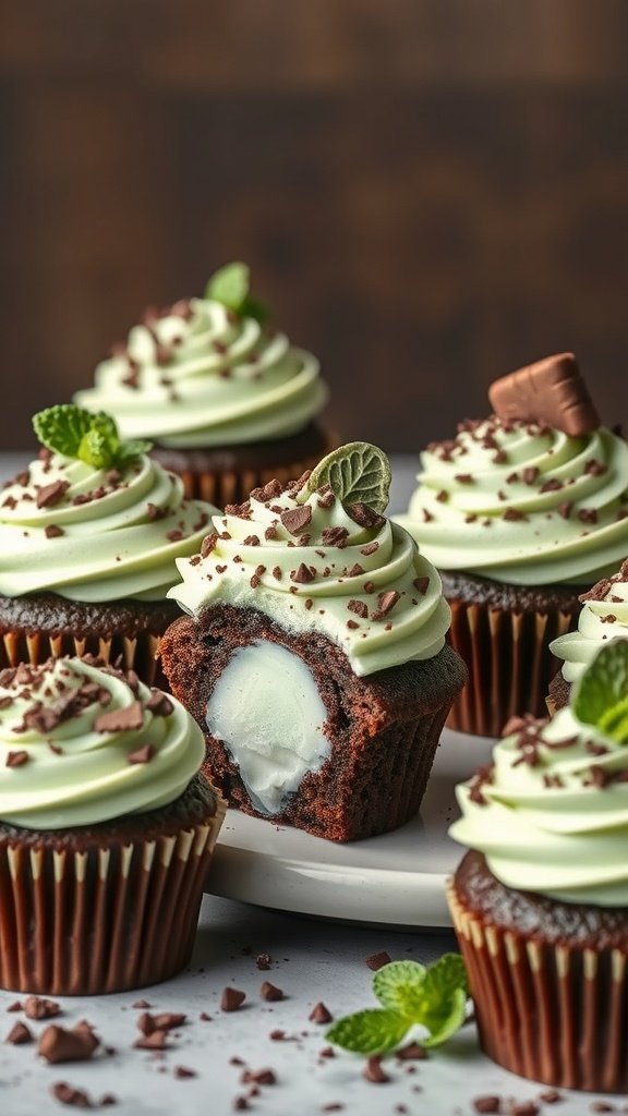 Chocolate mint gender reveal cupcakes with green frosting and a hidden filling