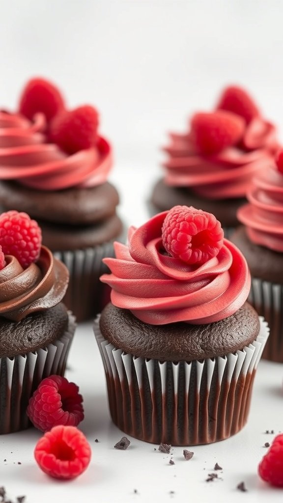 Chocolate raspberry gender reveal cupcakes with pink frosting and fresh raspberries on top.