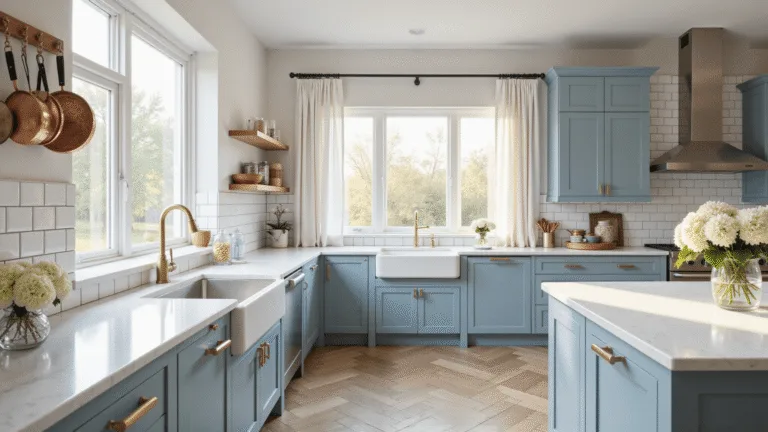 Photorealistic coastal kitchen featuring powder blue shaker cabinets, white Carrara marble countertops, and herringbone white oak flooring, bathed in golden hour light with a farmhouse sink and brass accents.