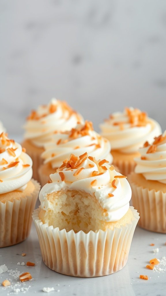 Coconut cream gender reveal cupcakes with frosting and coconut sprinkles
