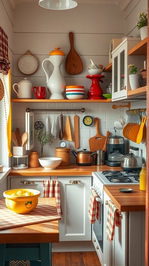 A cozy tiny cottage kitchen with colorful accessories, including red and orange dishware, a yellow bowl, and wooden utensils.