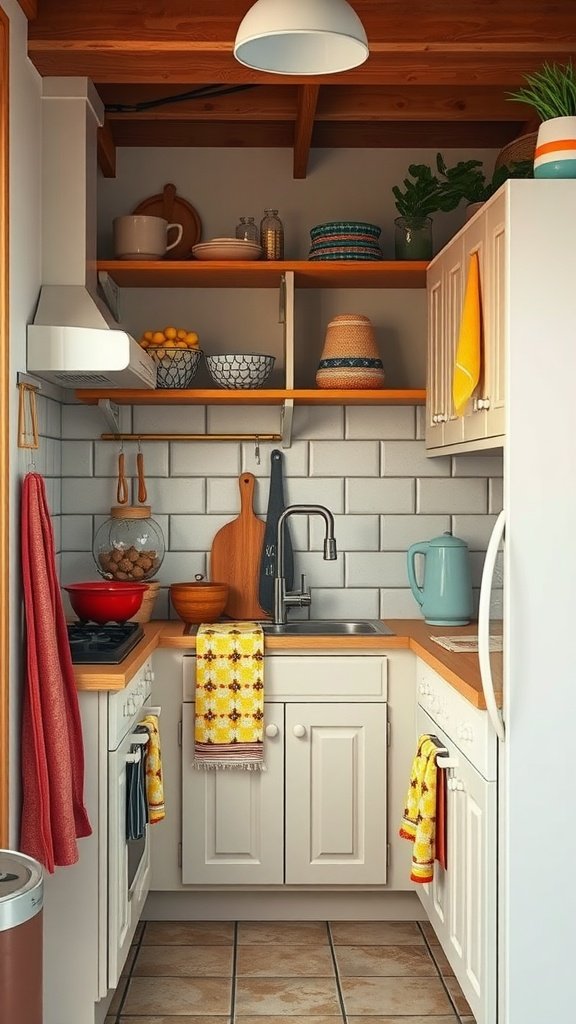 A cozy tiny cottage kitchen featuring colorful towels and textiles, with yellow and orange towels hanging by the sink.