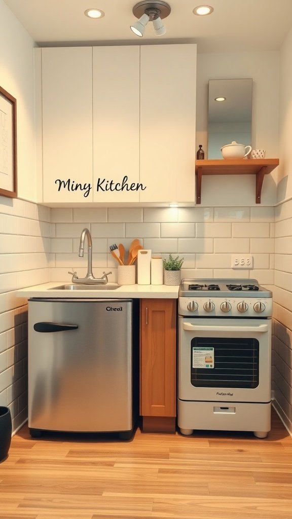 A compact kitchen featuring a small refrigerator and stove, designed for efficiency in a tiny space.