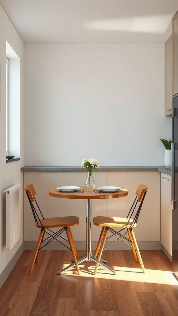 A compact dining set in a tiny cottage kitchen featuring a round wooden table and two stylish chairs.
