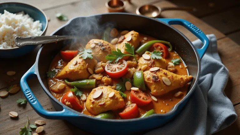 Photorealistic overhead shot of Country Captain Chicken in a blue enameled Dutch oven, featuring golden-brown chicken, rich amber curry, red tomatoes, emerald bell peppers, and garnishes of slivered almonds, golden raisins, and parsley, with a bowl of white rice nearby and vintage serving utensils, captured in warm, natural light.