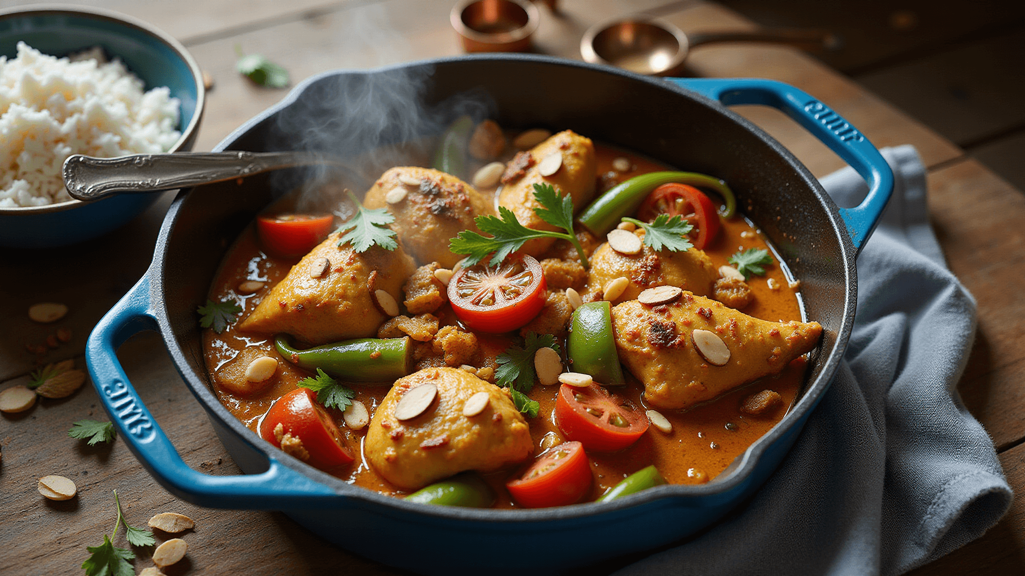 Photorealistic overhead shot of Country Captain Chicken in a blue enameled Dutch oven, featuring golden-brown chicken, rich amber curry, red tomatoes, emerald bell peppers, and garnishes of slivered almonds, golden raisins, and parsley, with a bowl of white rice nearby and vintage serving utensils, captured in warm, natural light.
