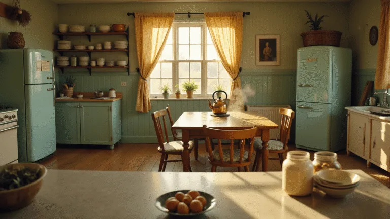 A sunlit farmhouse kitchen with sage green beadboard walls, a mint-green Smeg refrigerator, and warm gingham curtains. The weathered oak farmhouse table is surrounded by mismatched chairs, while open shelves display milk glass and jadeite dishes. A copper kettle simmers on a cream enamel range. A marble island features vintage mason jars and fresh eggs, all enveloped in a nostalgic atmosphere.
