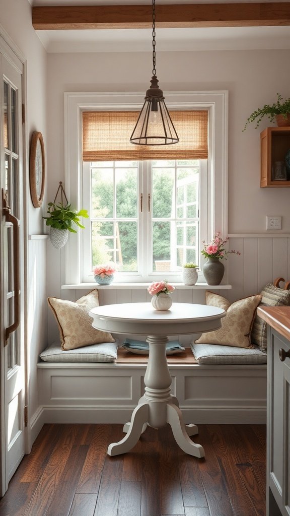 Cozy nook dining area in a tiny cottage kitchen with a round table and cushioned benches