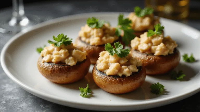 Photorealistic closeup of golden-brown crab-stuffed mushrooms on an elegant white platter, featuring parmesan crusts and fresh parsley, with soft steam wisps rising and a blurred crystal wine glass in the background, all set on a polished marble surface.