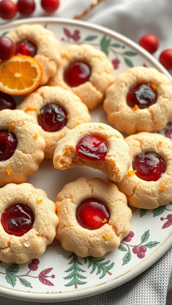 A plate of cranberry orange gender reveal cookies with a glossy red filling.