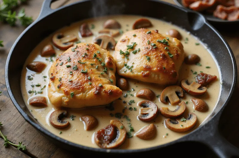 Photorealistic overhead shot of a rustic cast-iron skillet with golden-brown crispy chicken breasts in a creamy sauce, surrounded by caramelized mushrooms and crispy pancetta, garnished with fresh thyme, set on a distressed wooden surface.