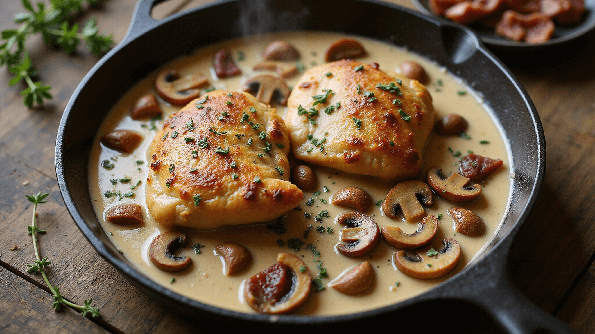 Photorealistic overhead shot of a rustic cast-iron skillet with golden-brown crispy chicken breasts in a creamy sauce, surrounded by caramelized mushrooms and crispy pancetta, garnished with fresh thyme, set on a distressed wooden surface.