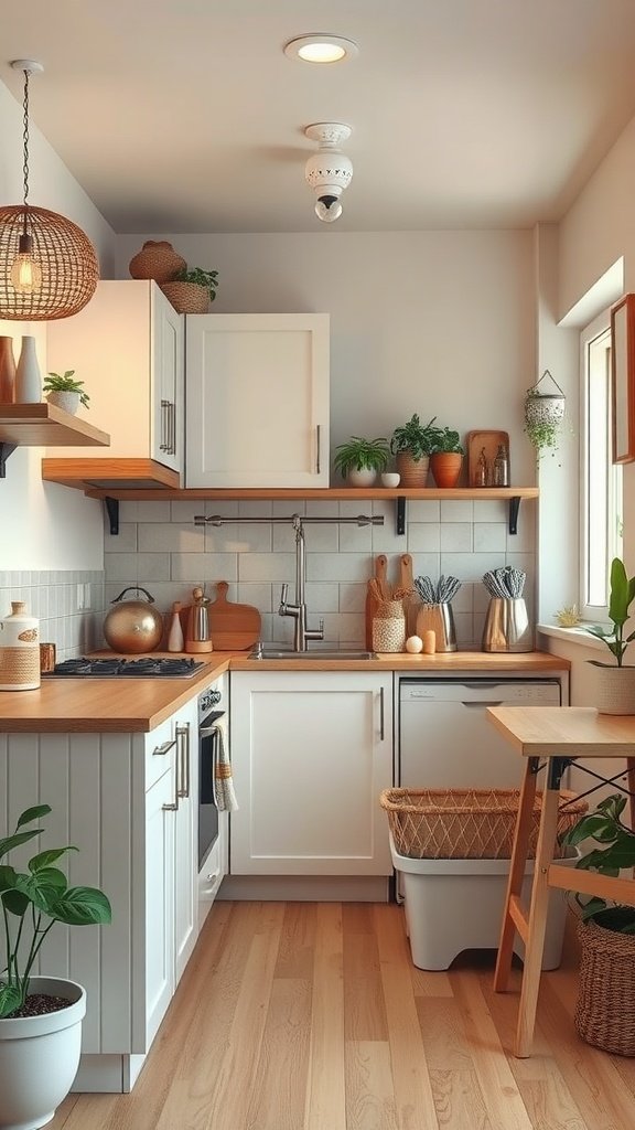 A cozy tiny cottage kitchen featuring white cabinets, wooden countertops, plants, and warm lighting.