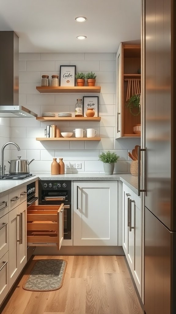 A cozy tiny cottage kitchen featuring open shelves, wooden drawers, and a clean design.