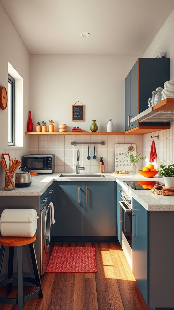 A cozy and colorful tiny cottage kitchen with blue cabinets, wooden accents, and decorative items.