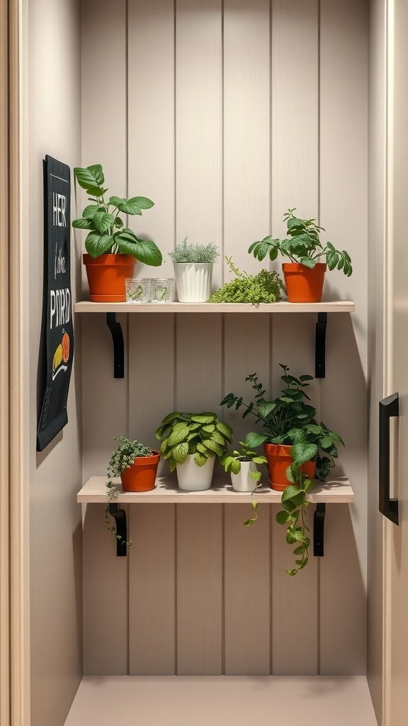 Corner shelves with potted plants in a tiny cottage kitchen