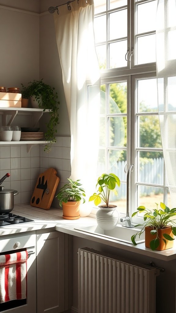 A bright and airy tiny cottage kitchen with sunlight streaming through large windows, plants on the windowsill, and soft curtains.