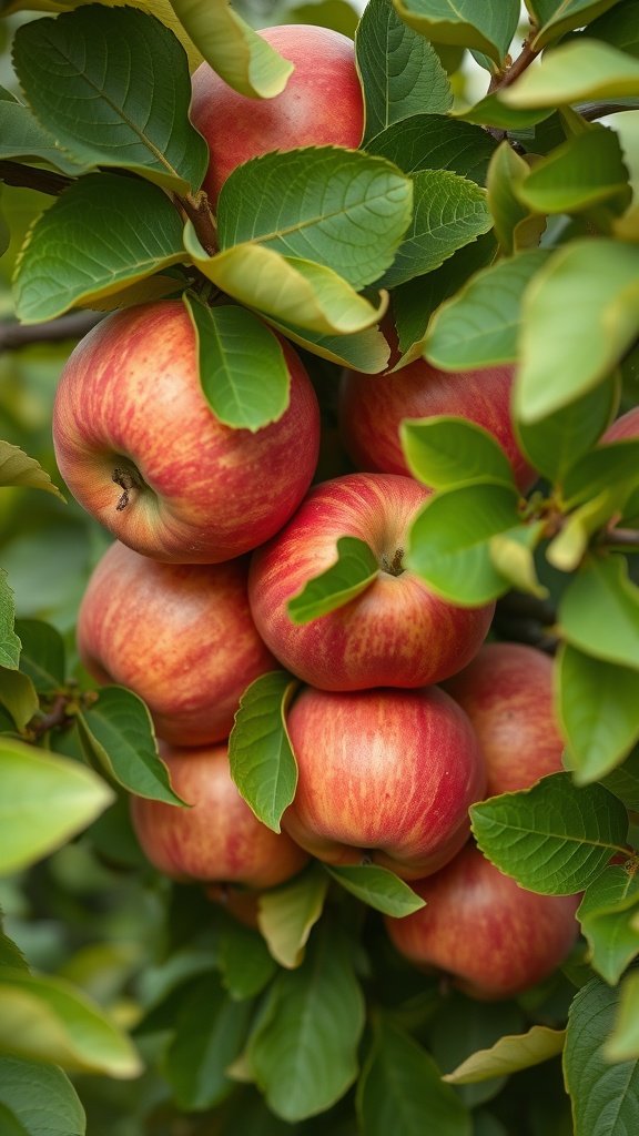 A cluster of red apples surrounded by green leaves on a tree.