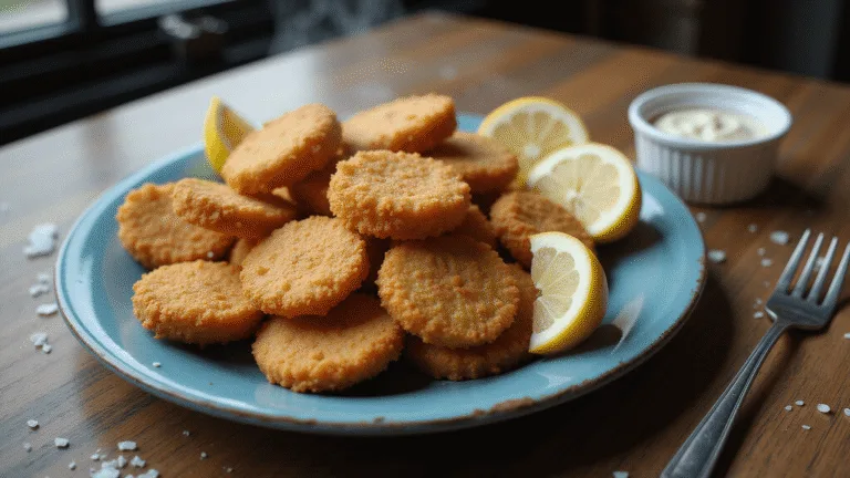 Photorealistic image of golden-brown fried clam strips on a blue ceramic plate, garnished with lemon wedges and tartar sauce, shot at a 45-degree angle with soft lighting, highlighting textures and coastal elements.