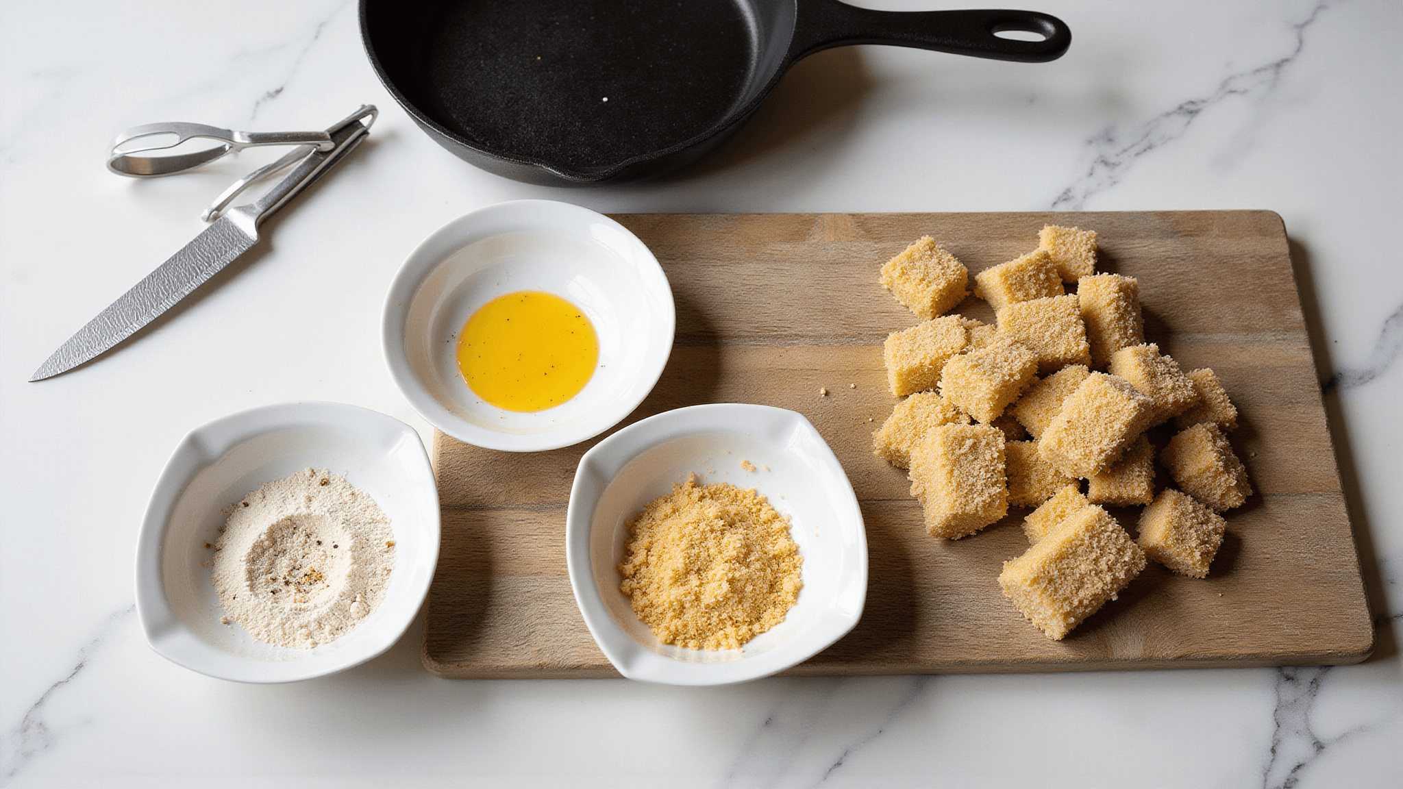 Photorealistic overhead view of a marble countertop with a professional breading station, featuring three ceramic dishes of seasoned flour, beaten eggs, and panko breadcrumbs, fresh razor clams on a cutting board, a chef's knife, and soft natural daylight casting shadows.